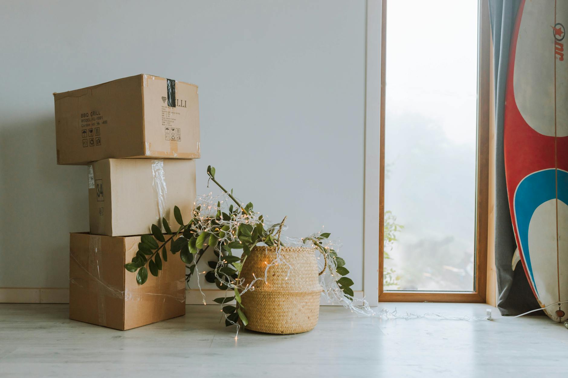 Packed boxes staged in a bright room